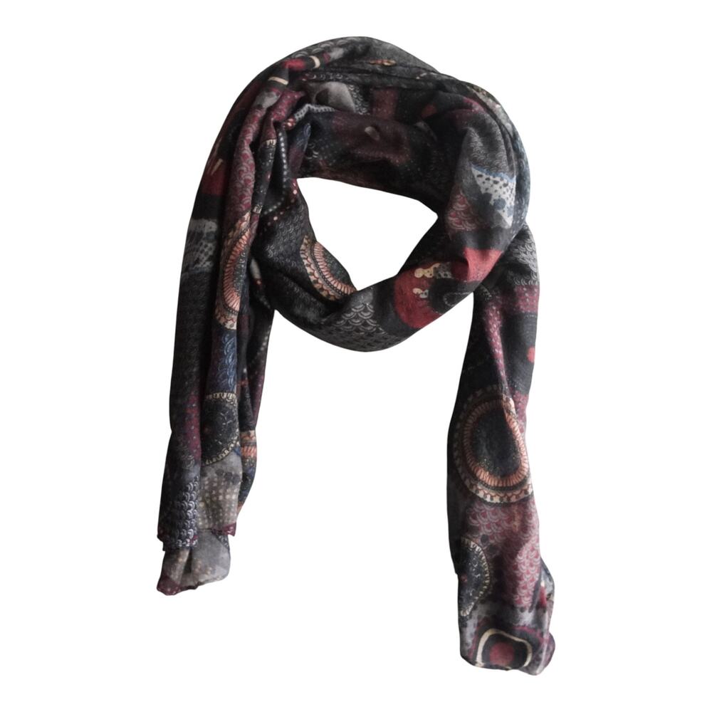 Boho Mandala Lightweight Scarf Wrap Cover Up Black Burgundy Summer Shawl 70L 31W - Picture 5 of 8
